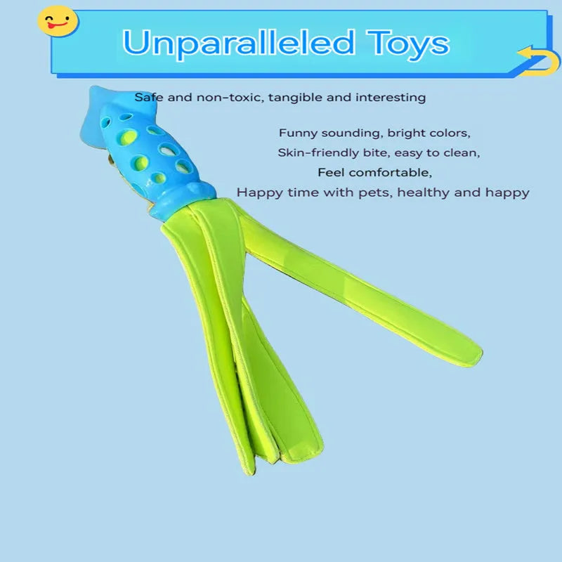 Blue cuttlefish-shaped squeaky chew toy for dogs measuring approximately 39 centimetres