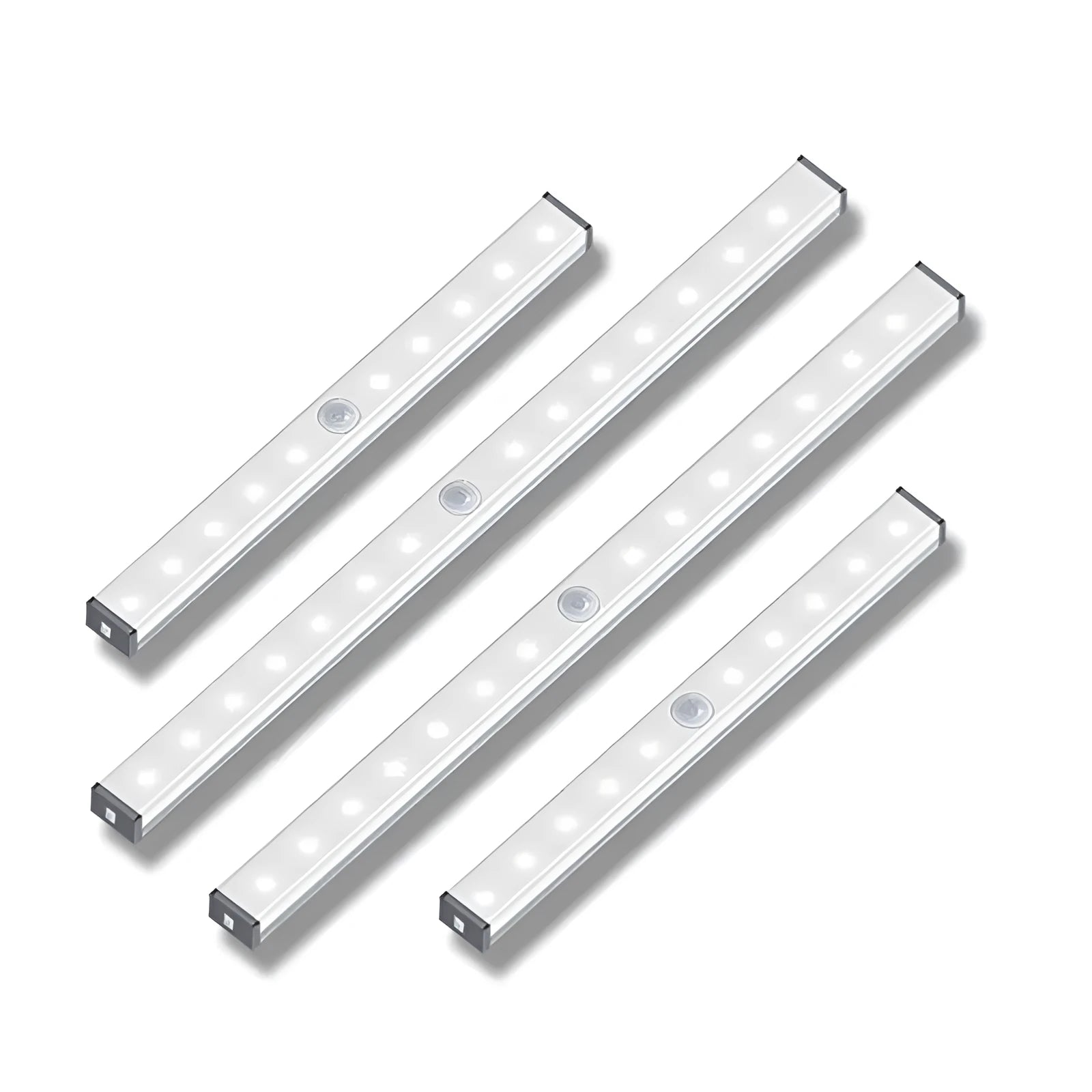 Silver aluminium LED closet light with motion sensor and magnetic back, shown illuminating a wardrobe.