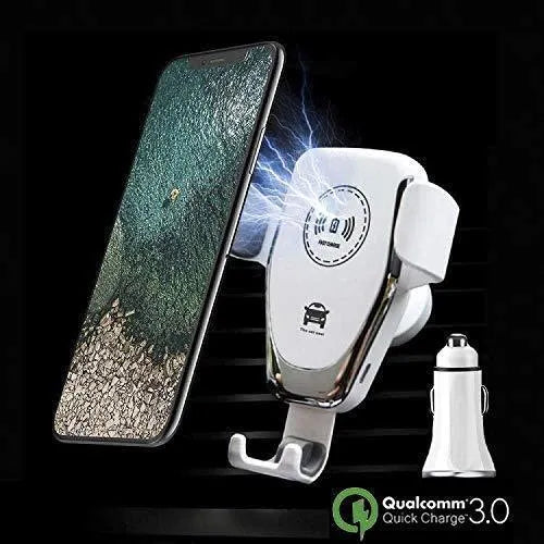 Black car wireless phone charger mounted on air vent, holding an iPhone with automatic clamping arms.
