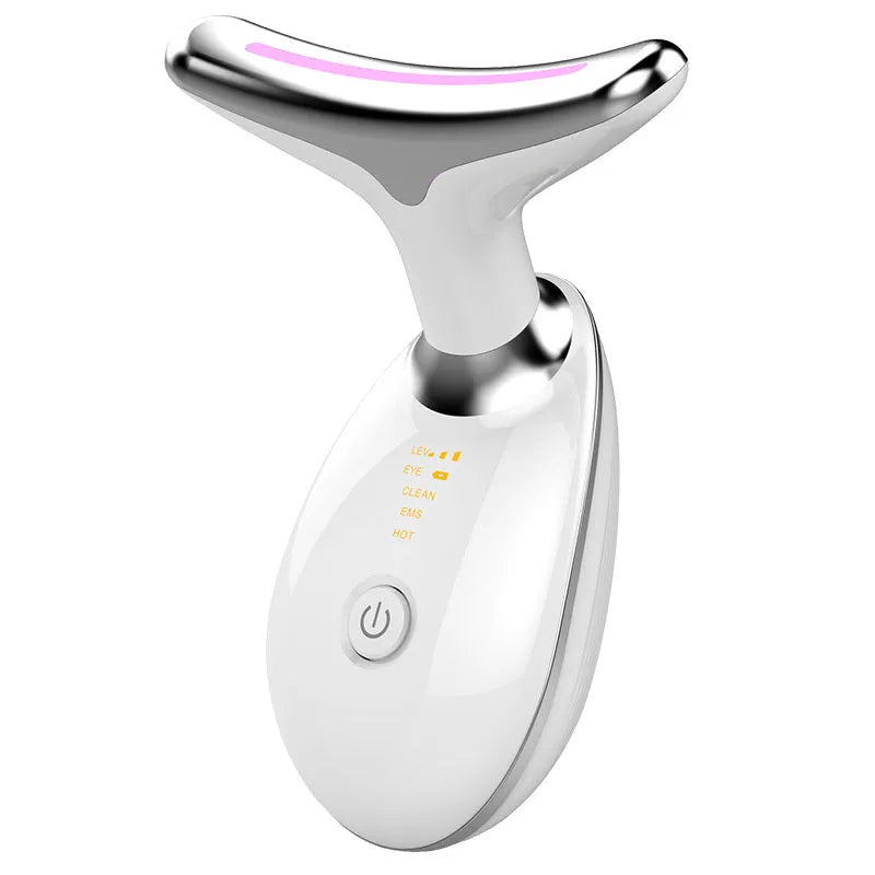 Black and silver EMS thermal neck massager with LED lights for wrinkle reduction and skin tightening