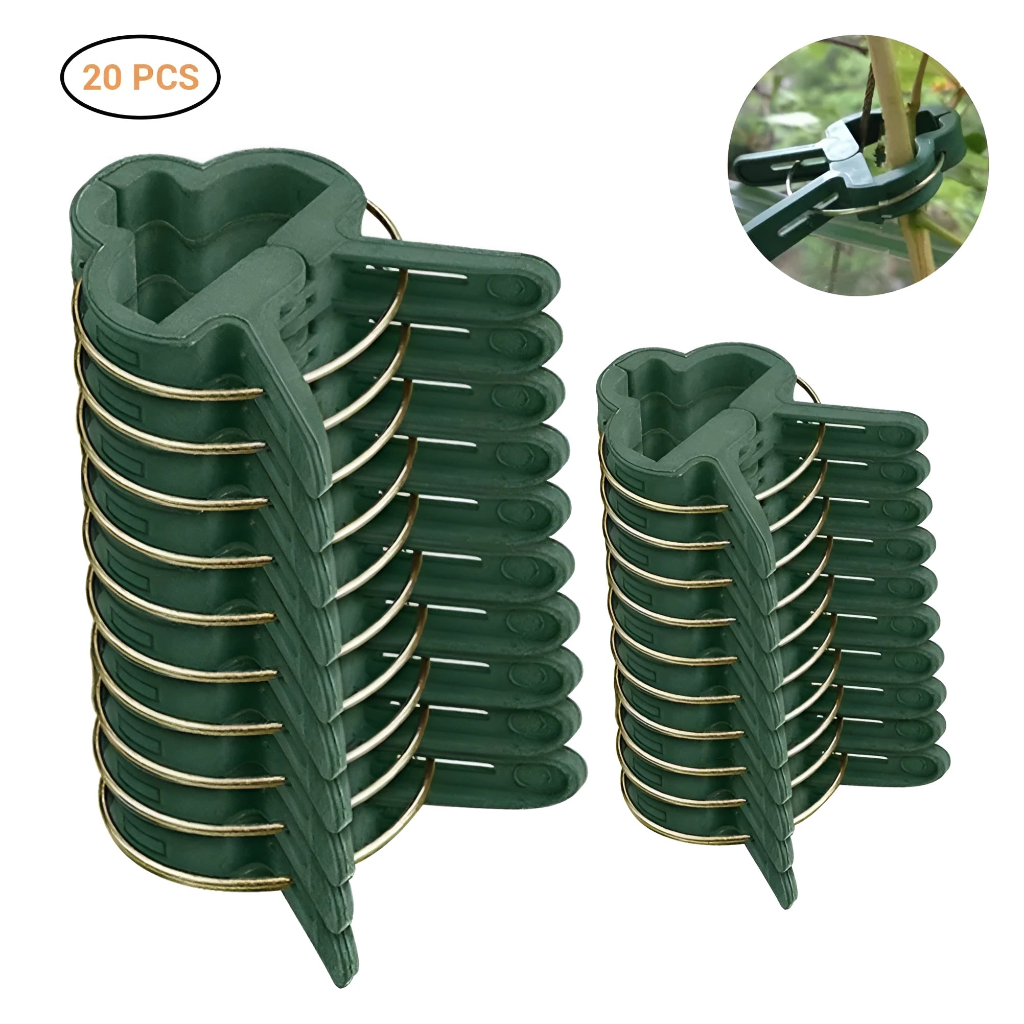 Green plastic and zinc plant fixing clips, showing large and small sizes for climbing vegetables.