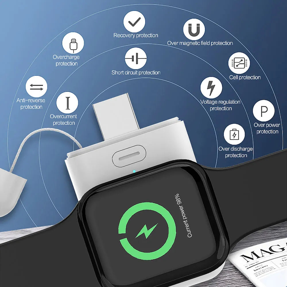 White Apple Watch portable magnetic wireless charger with 1000mAh battery capacity