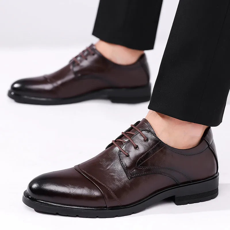 Men's business formal leather shoes with cow split leather upper, pointed toe, black colour, low shoe height on a white background