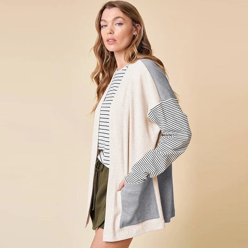 Women's multi-pocket long sleeve striped cardigan regular fit medium length polyester fabric