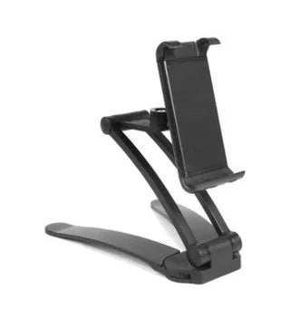 Silver aluminium alloy desktop tablet stand holding a tablet, showing 360-degree adjustable arm and mounting base.