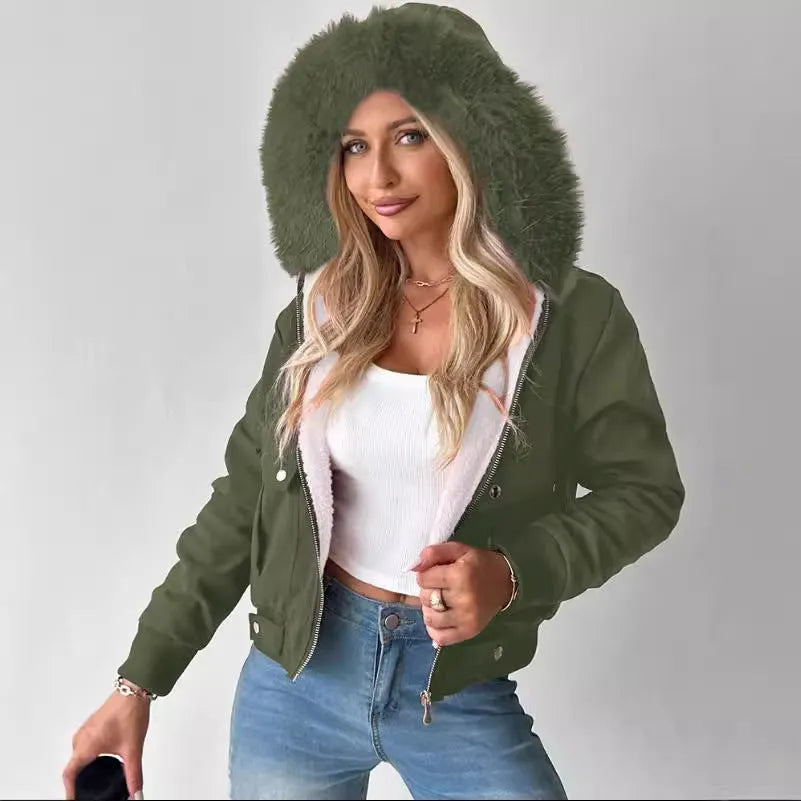 Women's casual hooded jacket with furry lining in Army Green – polyester long sleeve coat front view
