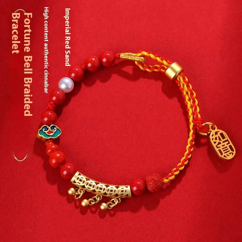 Women's hand-woven cinnabar bracelet with red sand bell design and geometric rope construction