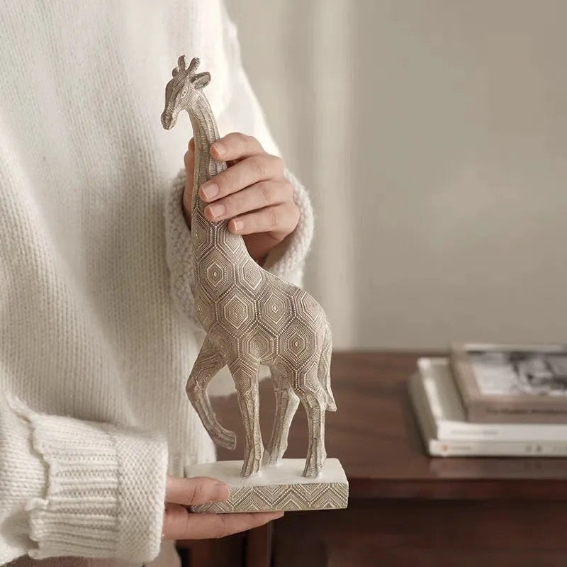 Wood colour synthetic resin giraffe ornament for shelf decoration.