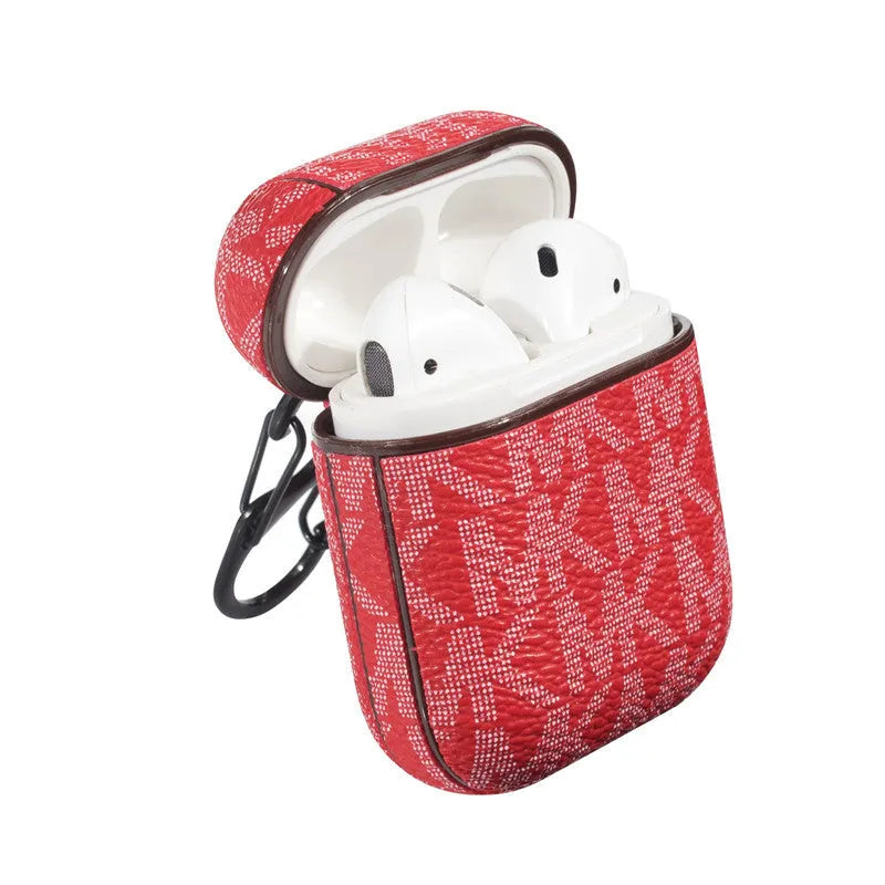 Hardshell leather letter case for Apple AirPods in white showing letter print design