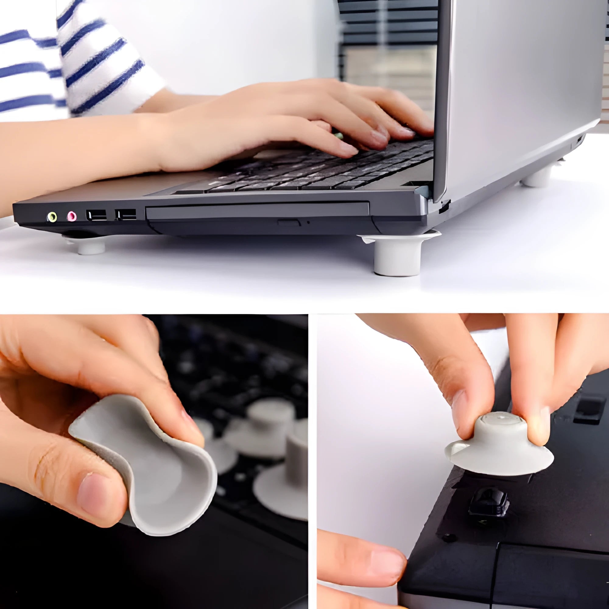 Grey plastic laptop cooling pad set showing two large and two small non-slip pads on a desk.