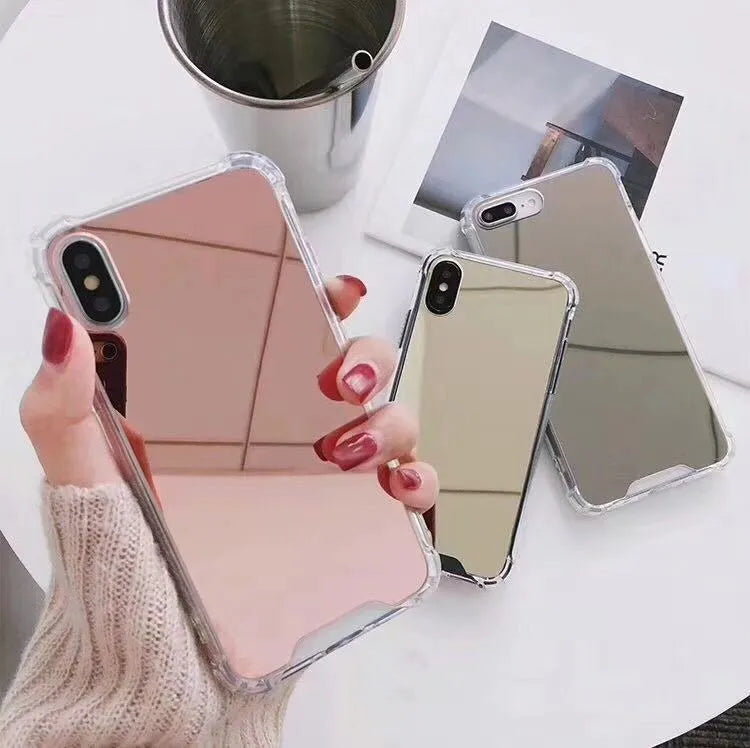Mirror finish iPhone case in assorted colours showing reflective back and TPU soft edges.