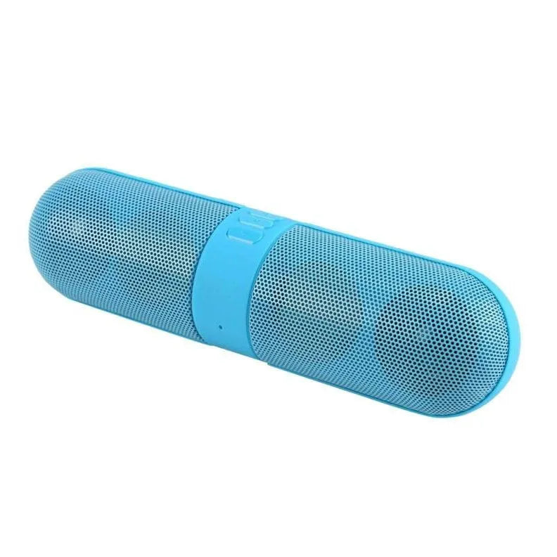 Portable pill Bluetooth audio speaker in blue with button controls and plastic shell