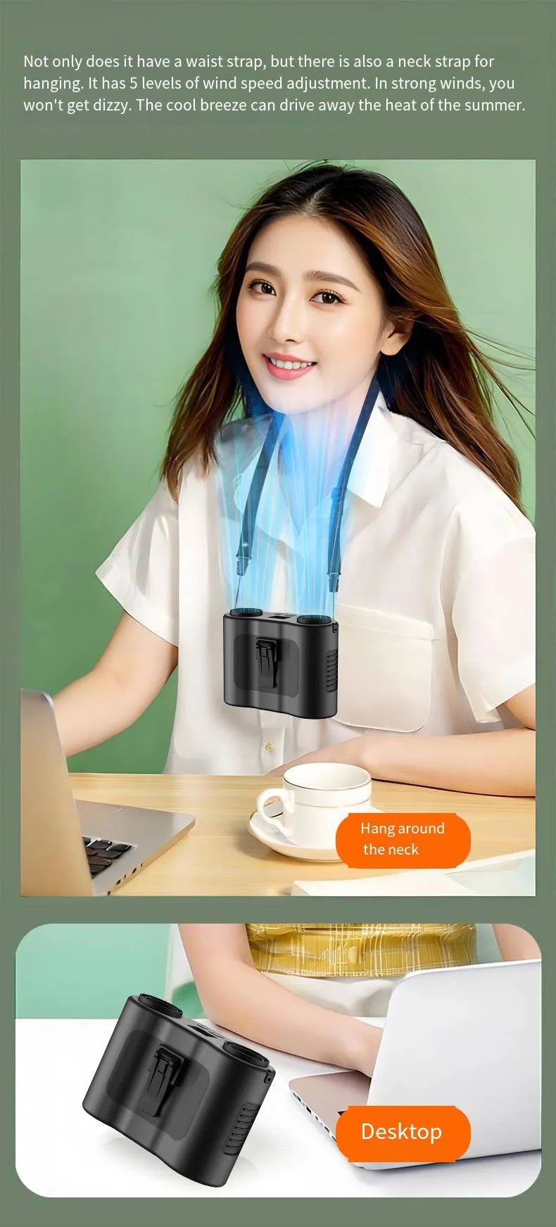 Grey portable waist-hung personal fan with lanyard and waist buckle.