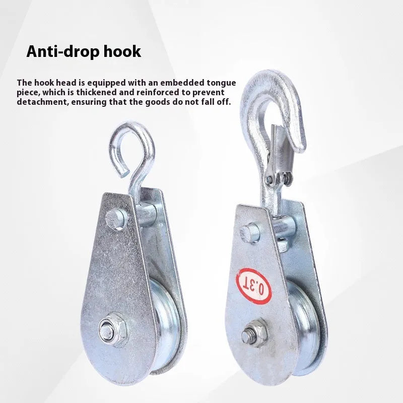Red industrial lifting pulley with a safety latch, forged from steel for heavy-duty use.