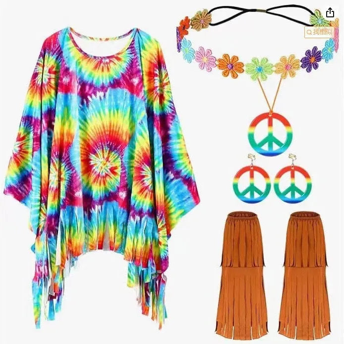 Tie dye printed Spandex cloak costume with dramatic bell sleeves in multiple colours.