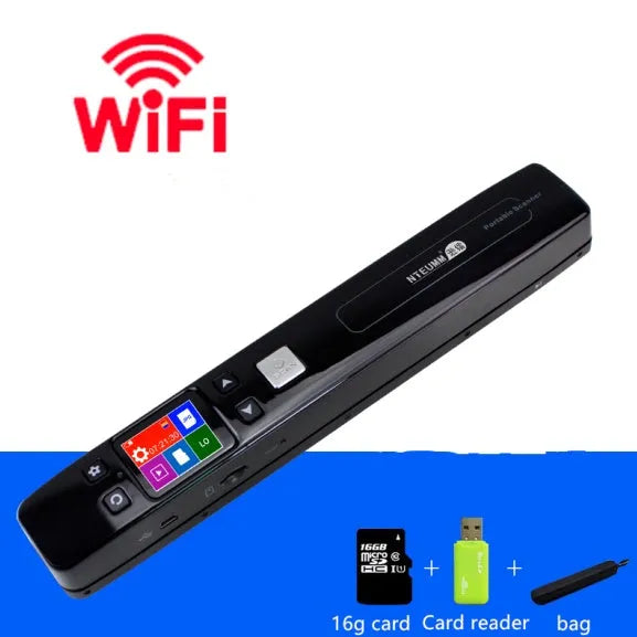 A4 portable document scanner with USB cable, 900DPI resolution, and slim black casing