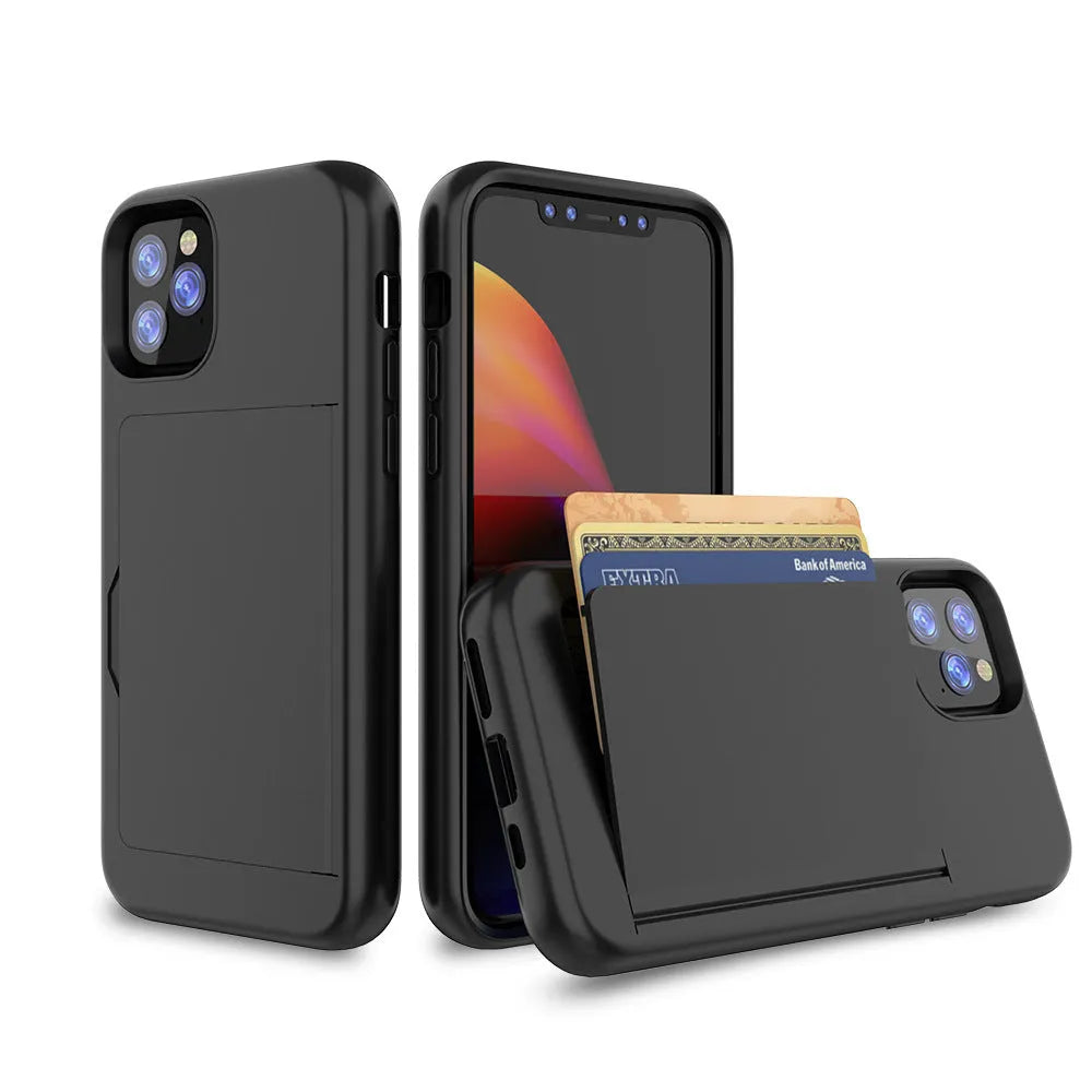 iPhone 11 protective case in six solid colours: black, red, pink, dark blue, blue, and purple.