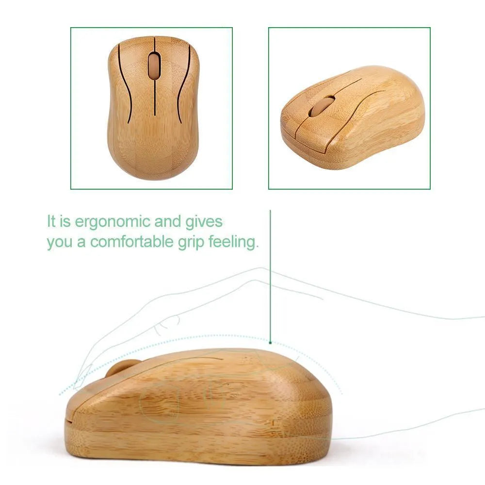 Bamboo wireless keyboard and mouse set with natural wooden finish on a desk