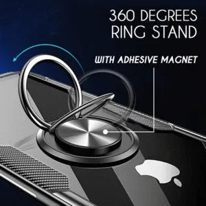 Black PU leather iPhone case with a built-in kickstand and car vent clip extended.