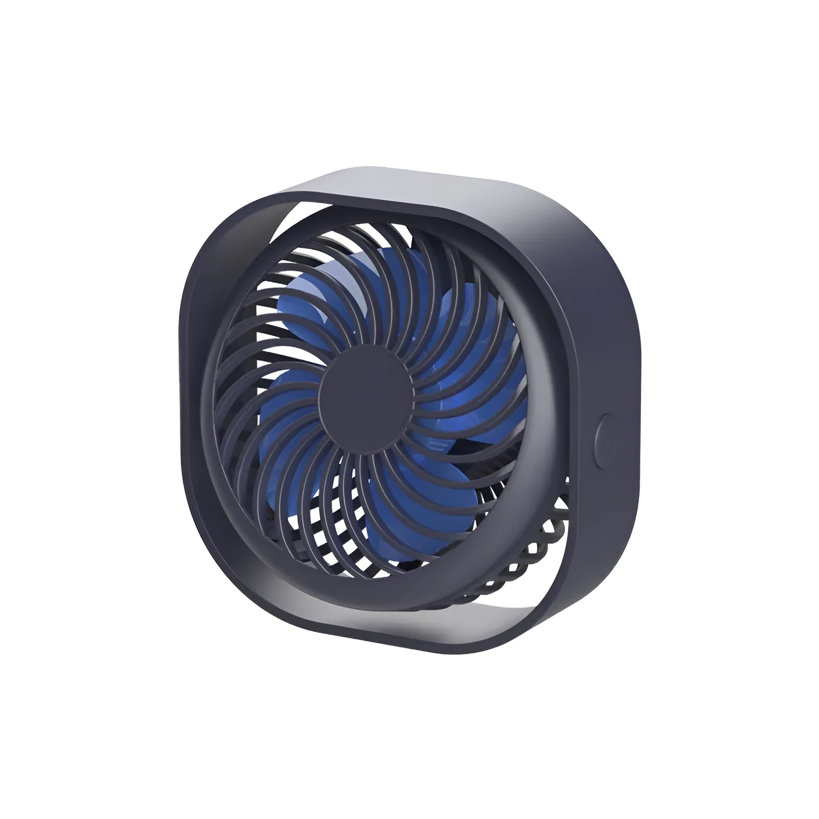 USB-powered desk fan with alarm clock in modern design, showing 360-degree rotation head in blue colour