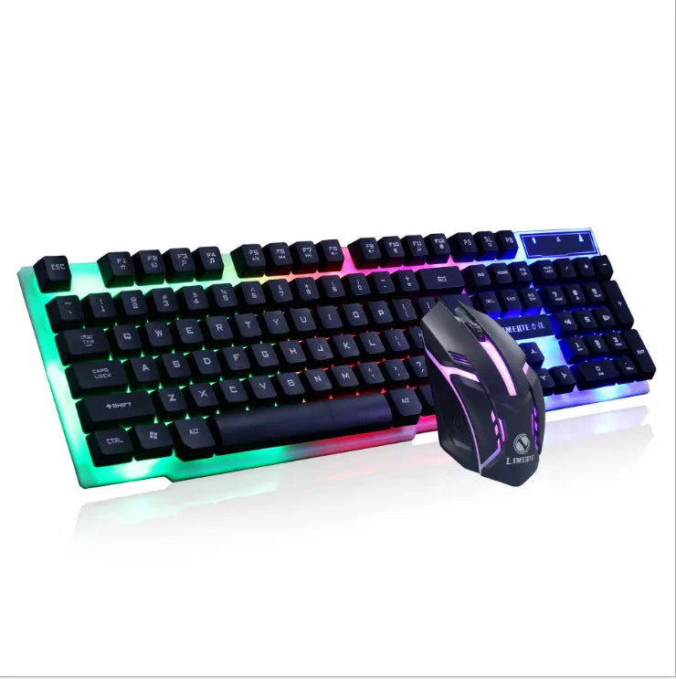 Limei GTX300 white and black gaming keyboard and mouse set with RGB backlight on a desk.