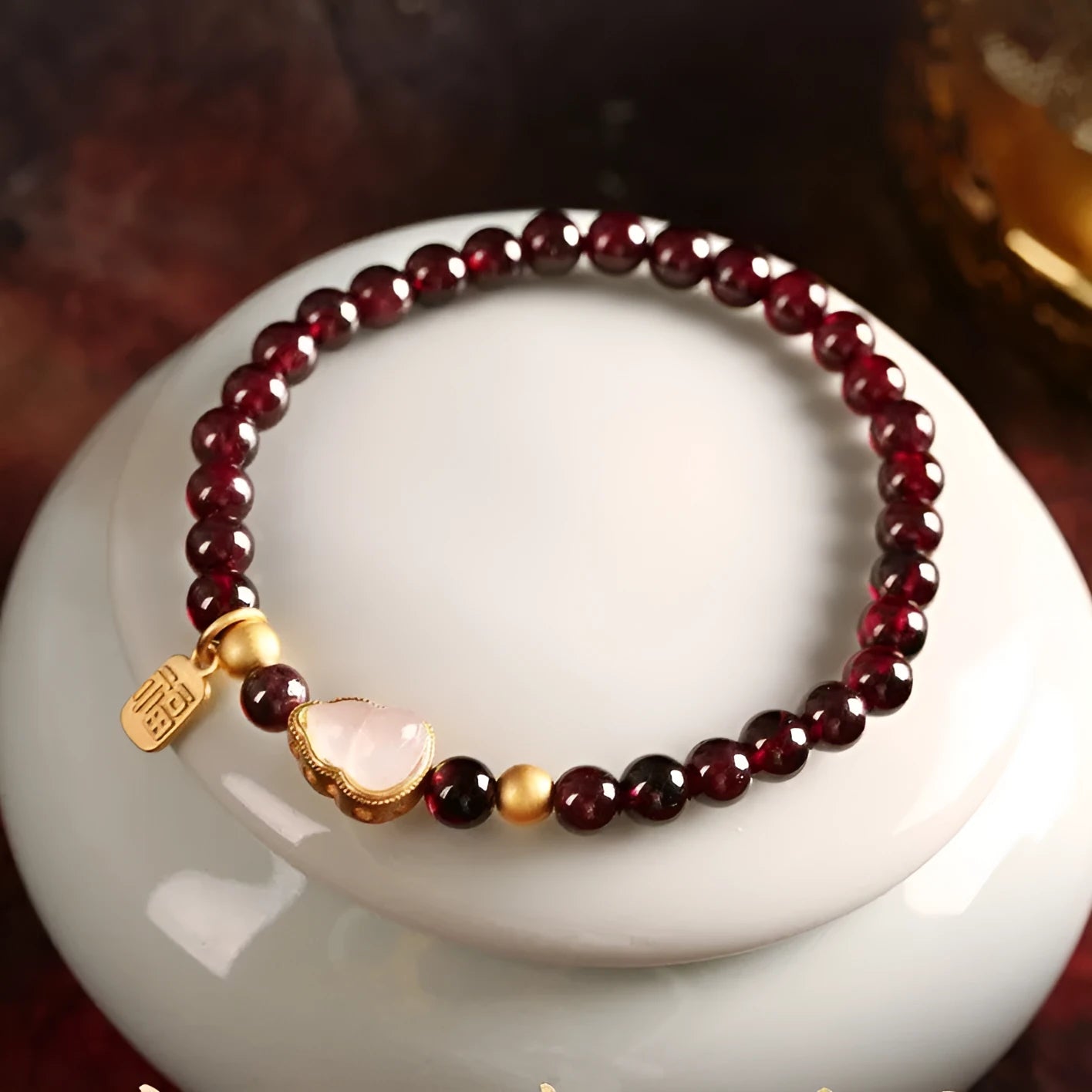 Women's Chinese-style gourd bracelet with imitation garnet beads and electroplated finish