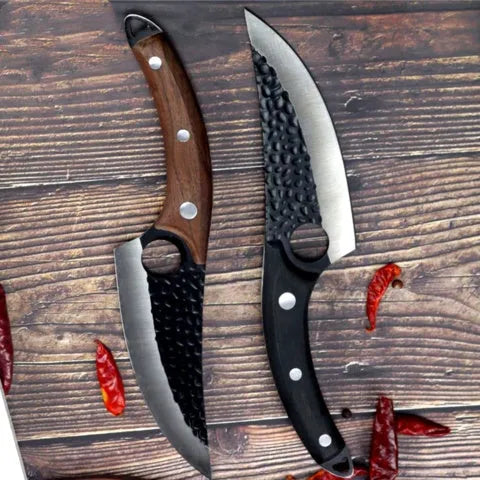 Butcher knife set with curved scimitar blade and straight boning knife in leather sheath