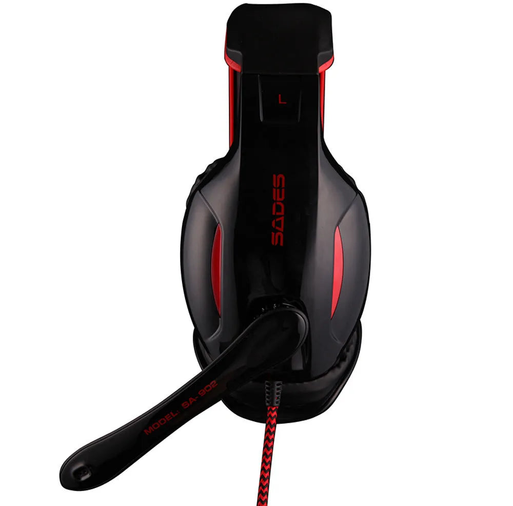 SADES SA902 black gaming headset with USB cable and RGB lighting on ear cups