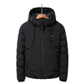 Grey USB electric heated jacket with hood and zipper on a person, outdoor winter background, size M to 7XL available