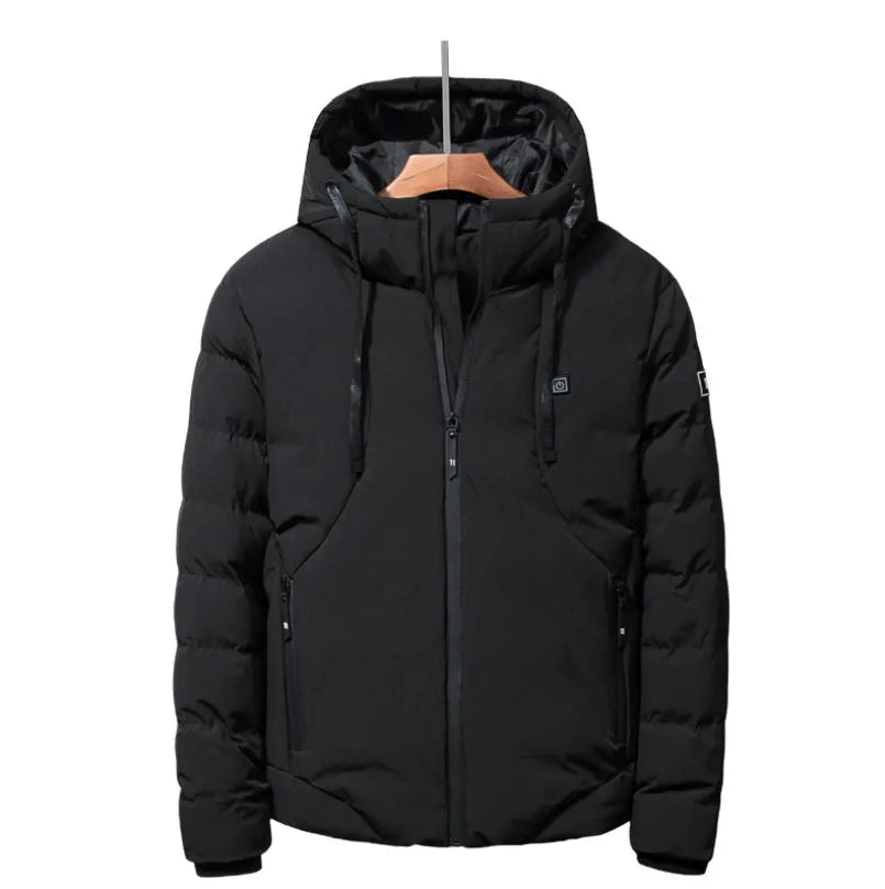 Grey USB electric heated jacket with hood and zipper on a person, outdoor winter background, size M to 7XL available
