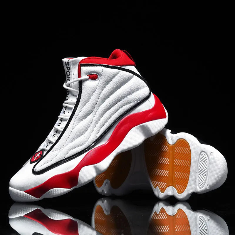 High-top basketball shoe in white and red with mesh upper, thick rubber sole, and lace-up front.