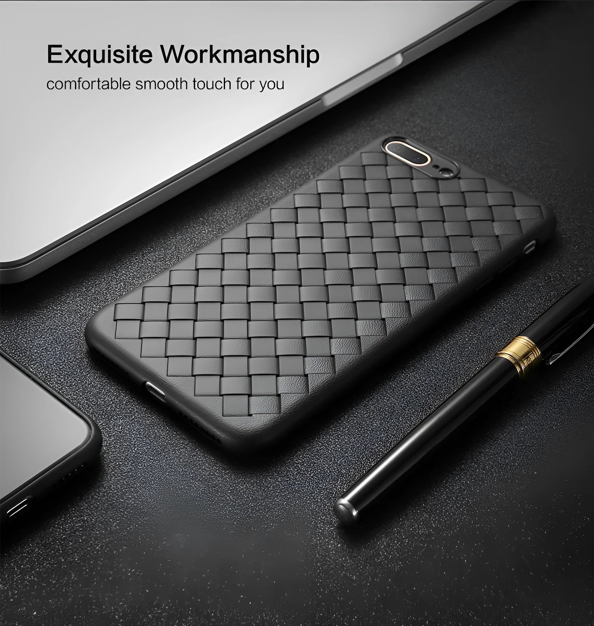 Luxury grid weaving patterned TPU phone case for iPhone shown in available colours with hollow cooling design.