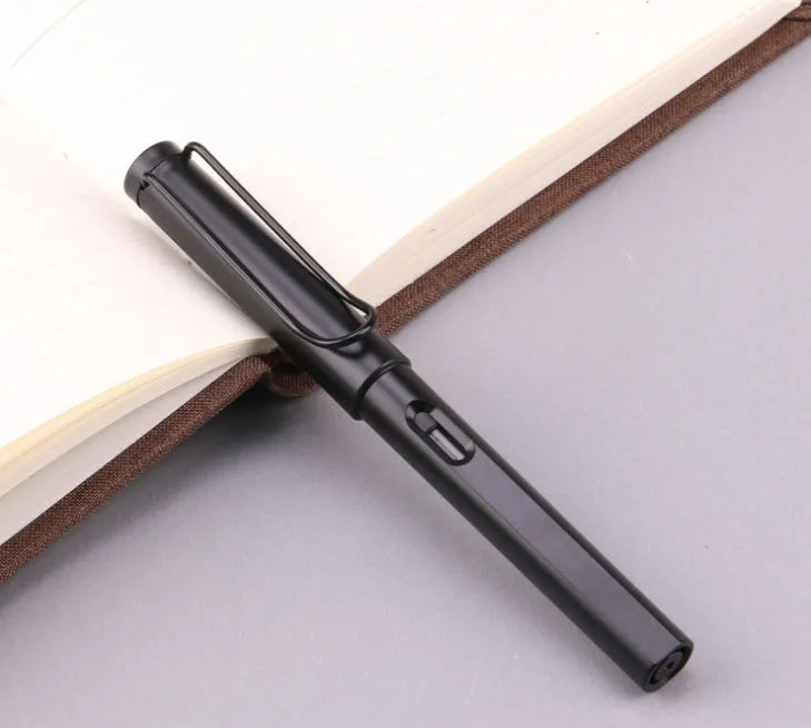 Black and blue frosted ink bag fountain pen showing 0.38mm and 0.5mm nib options.