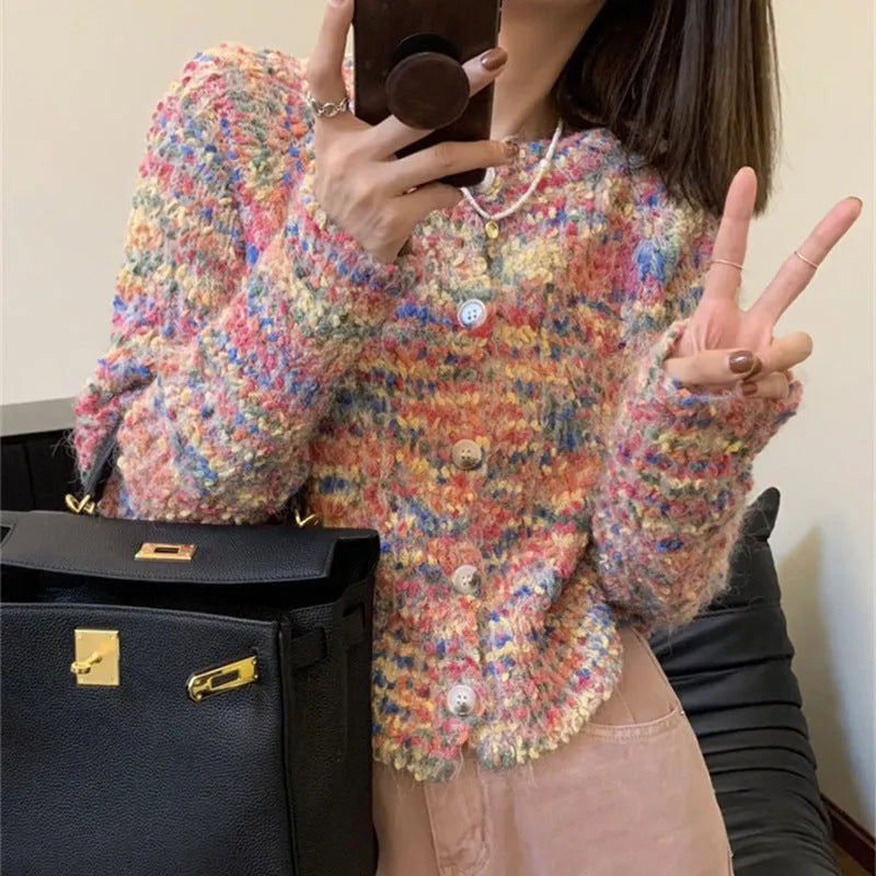 Retro style slim fit knitted cardigan sweater in pink and green colour options