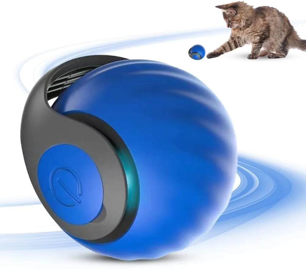 Interactive rolling ball pet toy in blue and red options showing motion-activated design for cats and dogs