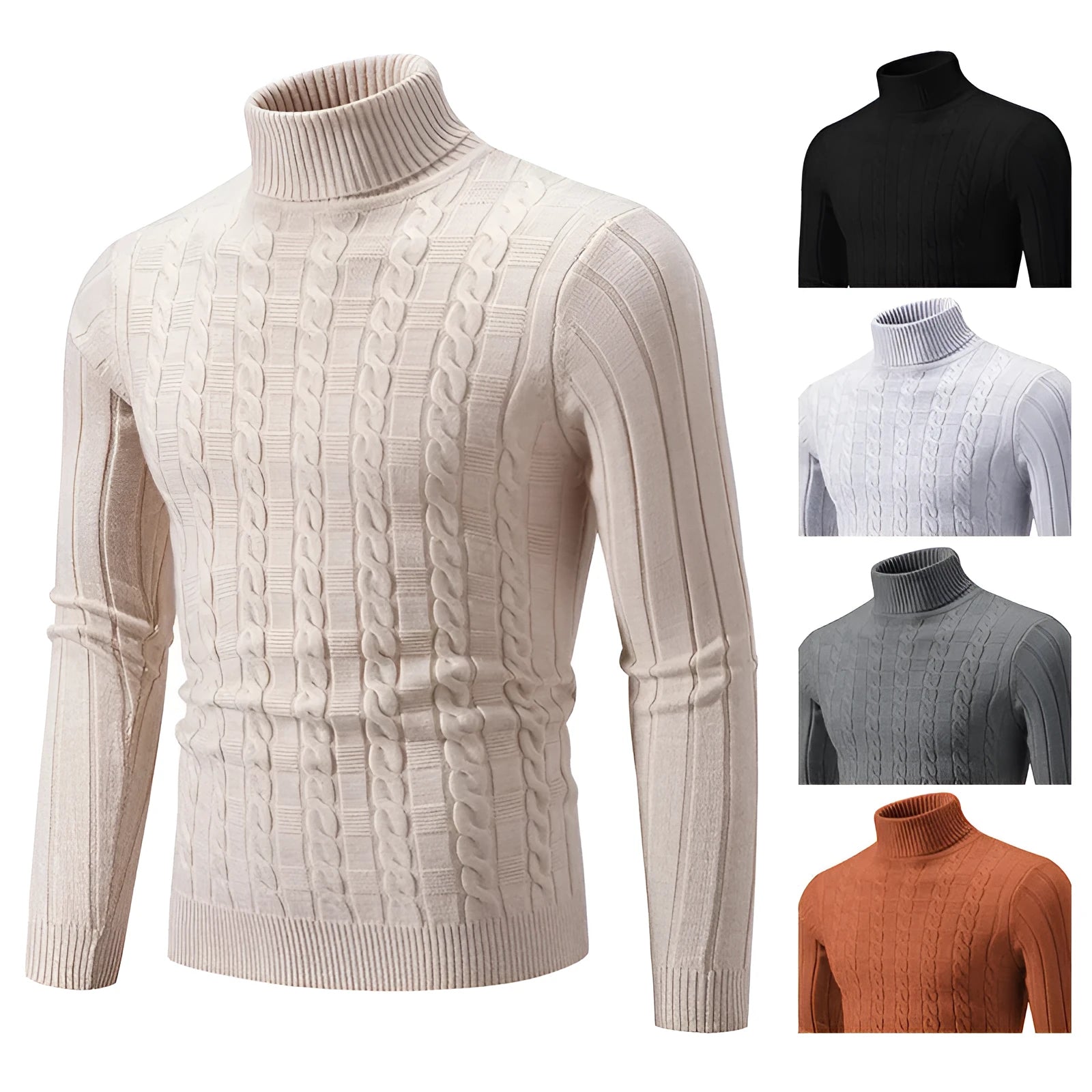 Men's slim fit chenille turtleneck pullover sweater in neutral colour options