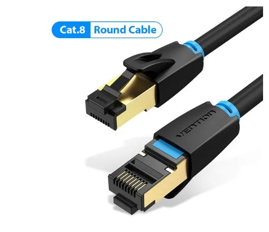 CAT8 shielded flat and round network cables with RJ45 connectors in various lengths from 0.5 to 10 metres