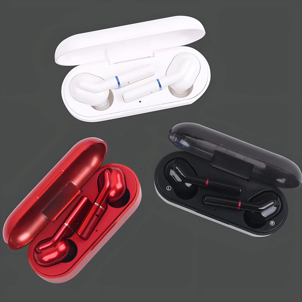 VV1 Black and White Bluetooth Earphones with charging case.