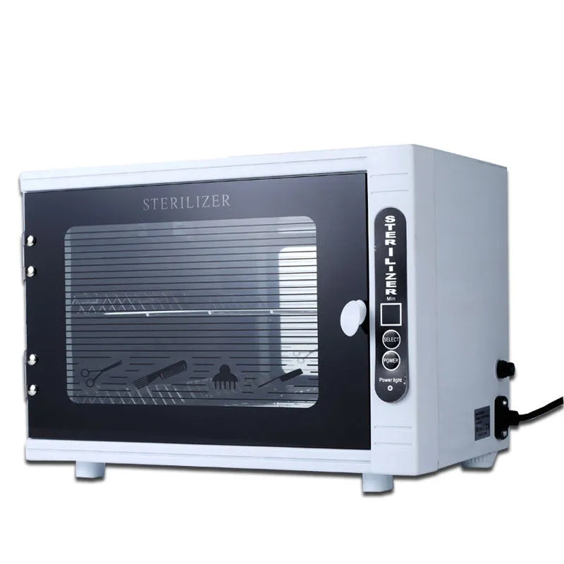 Small silver ultraviolet steriliser cabinet with stainless steel interior for salon tool hygiene