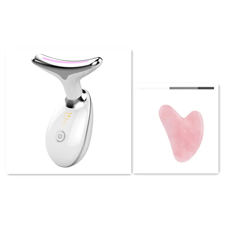Black and silver EMS thermal neck massager with LED lights for wrinkle reduction and skin tightening