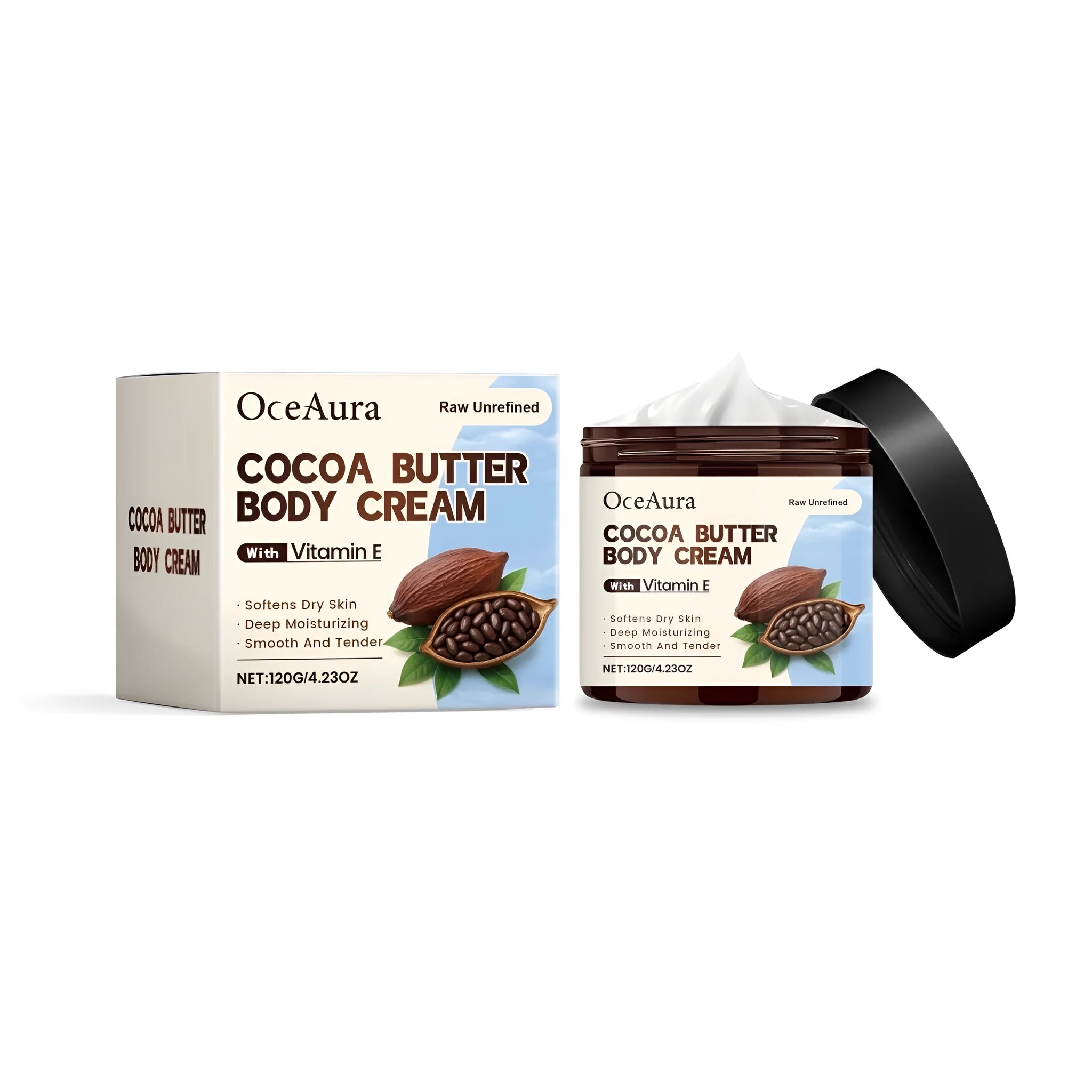 Cocoa butter body cream in 120g tub with natural ingredients including coconut oil and vitamin E