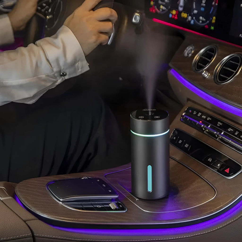Black aluminium car humidifier and essential oil diffuser with coloured night light and USB cable