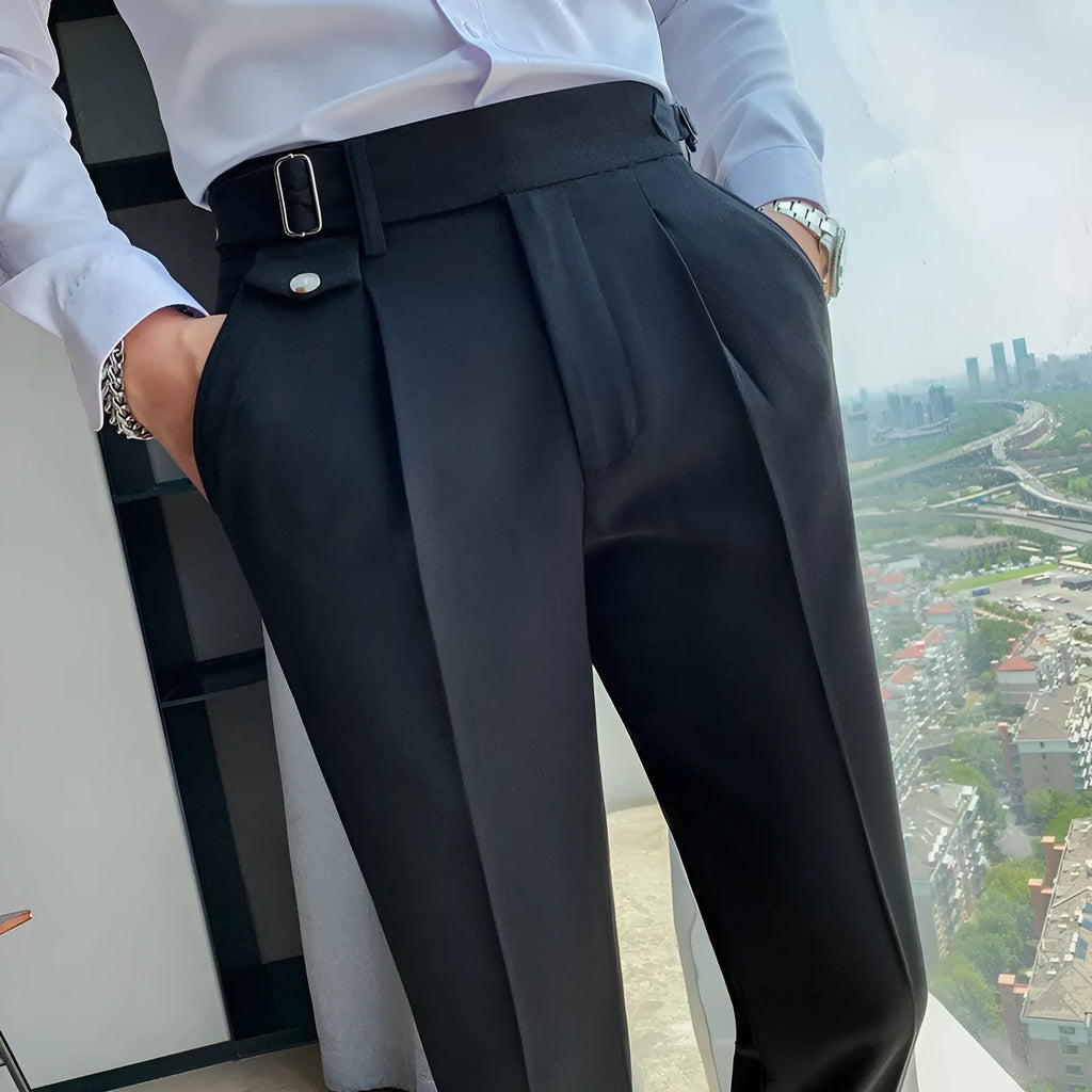 Men's straight-leg casual trousers in polyester, shown in a khaki colour on a neutral background.