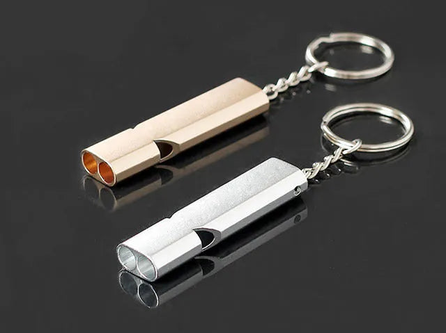 Double hole aluminium alloy survival whistle in silver and gold colour options