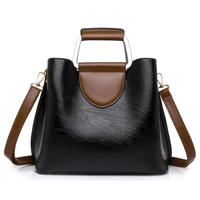 Large capacity PU leather tote bag in black, crossbody style, horizontal square shape with sewing line details