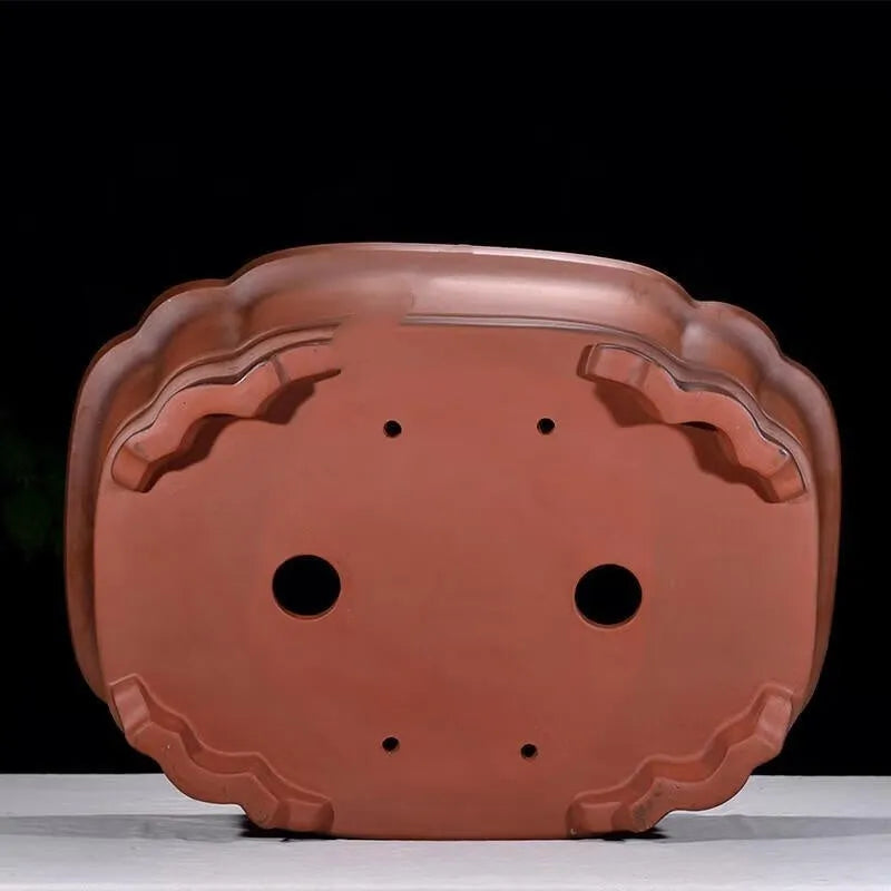 Antique Chinese style purple clay rectangular flowerpot with tree stump and floral relief pattern, 71cm long