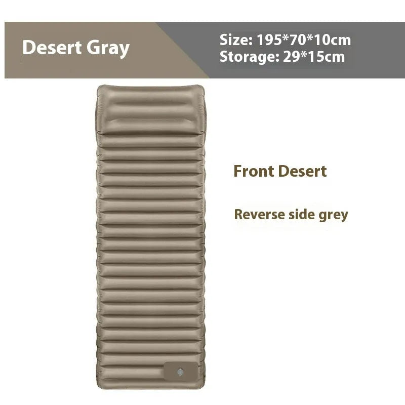 Portable inflatable camping mattress in spring rain grey colour, shown with dimensions 195x70x10 cm.