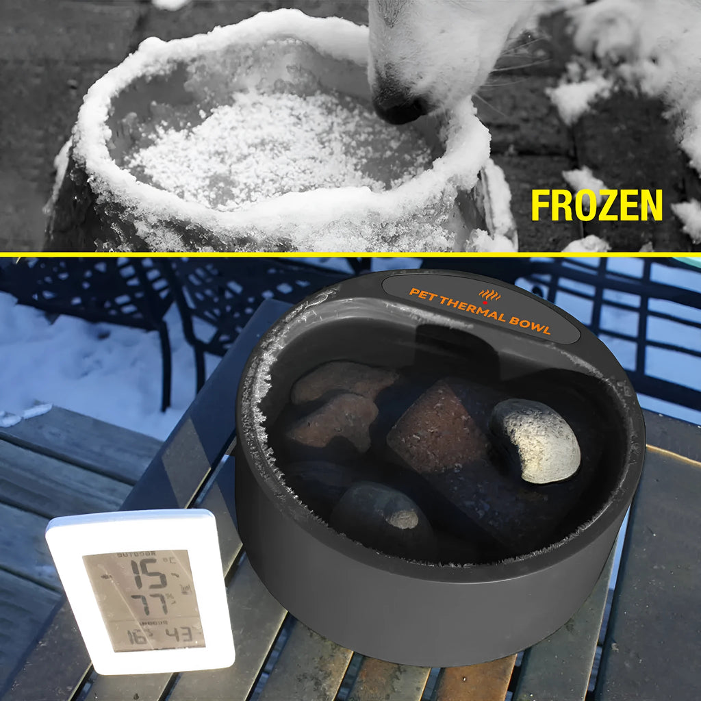 Black ABS plastic electric pet heating bowl with 2.2L capacity on a kitchen floor.