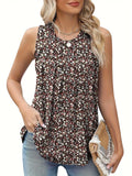 Black floral print plus size sleeveless vest on a hanger, showing round neck and loose fit.