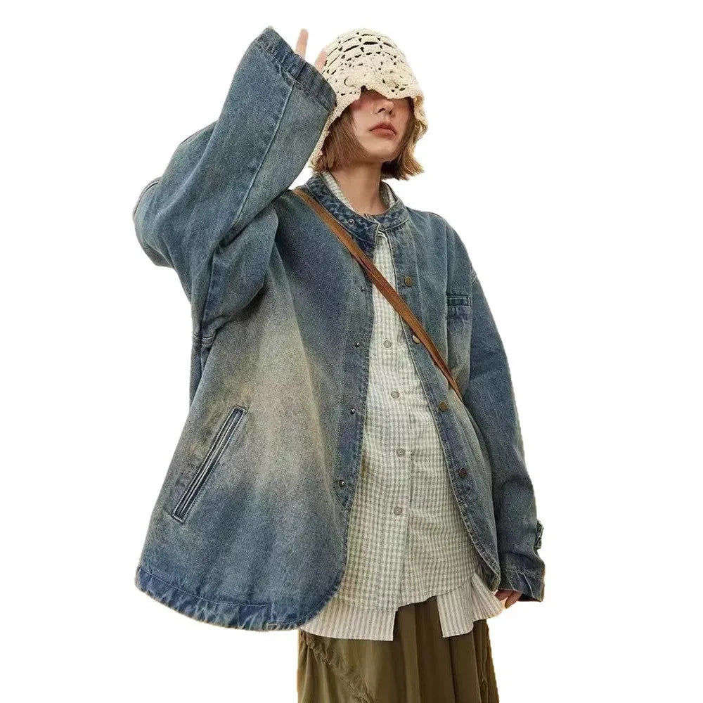 Blue women's loose casual commuting top with long sleeves and straight hem made from polyester